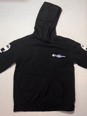 Champion Boys Medium (10-12) Warm Hoodie Black Logo Sweatshirt Classic Casual